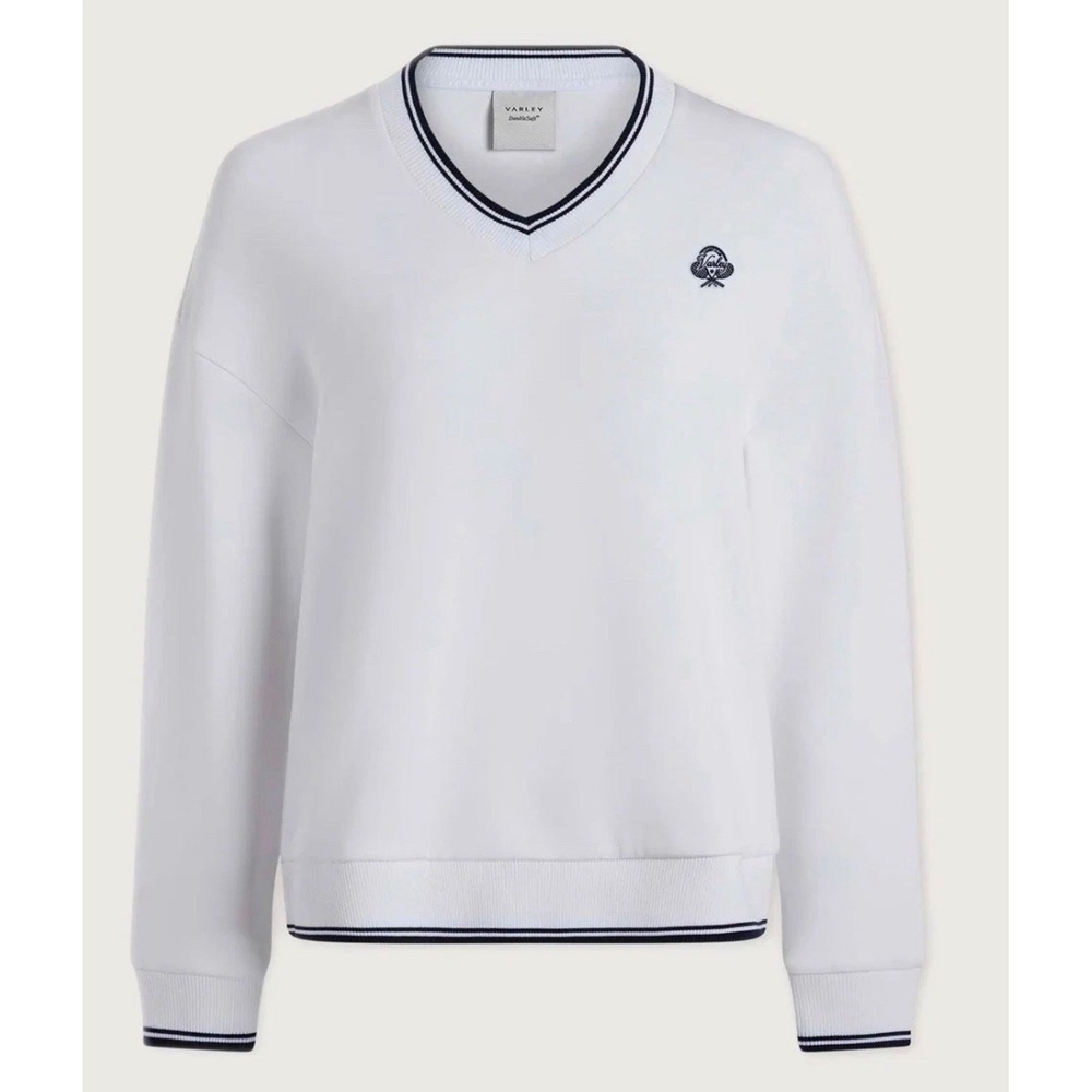 Varley Iona V-Neck Sweatshirt‎ White Navy DoubleSoft Pullover VAR02605 NEW Sz L